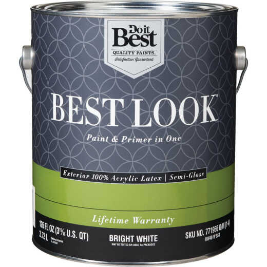 Best Look 100% Acrylic Latex Premium Paint & Primer In One Semi-Gloss Exterior House Paint, Bright White, 1 Gal.
