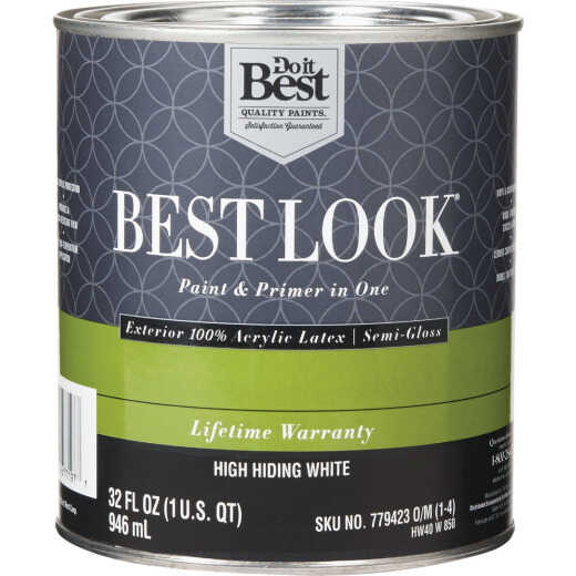 Best Look 100% Acrylic Latex Premium Paint & Primer In One Semi-Gloss Exterior House Paint, High Hiding White, 1 Qt.