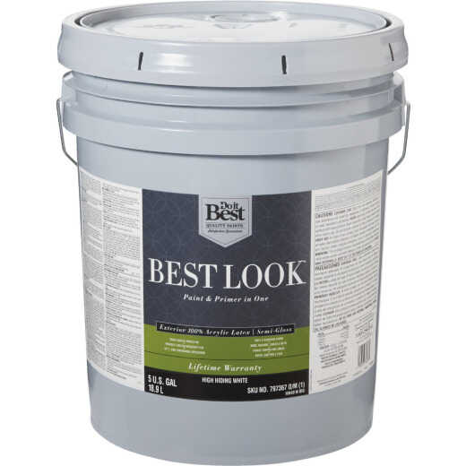 Best Look 100% Acrylic Latex Premium Paint & Primer In One Semi-Gloss Exterior House Paint, High Hiding White, 5 Gal.