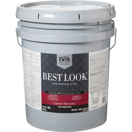 Best Look 100% Acrylic Latex Premium Paint & Primer In One Flat Exterior House Paint, High Hiding White, 5 Gal.